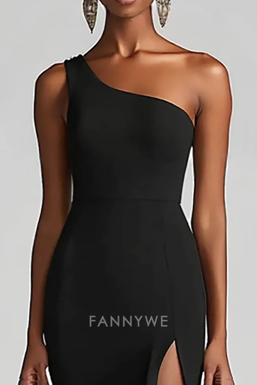 Vestido formal FannyWe sencillo de sirena negra con un solo hombro de gasa, largo con volantes y abertura